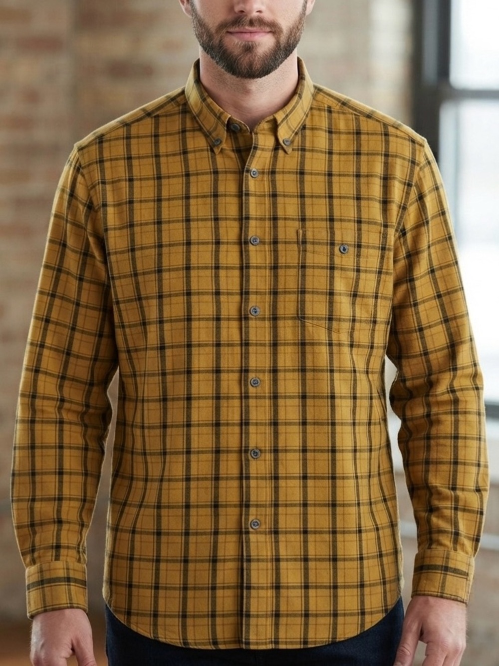 Haggar Men's Small S Yellow Plaid Shirt 100% Cotton Button Down Long Sleeve